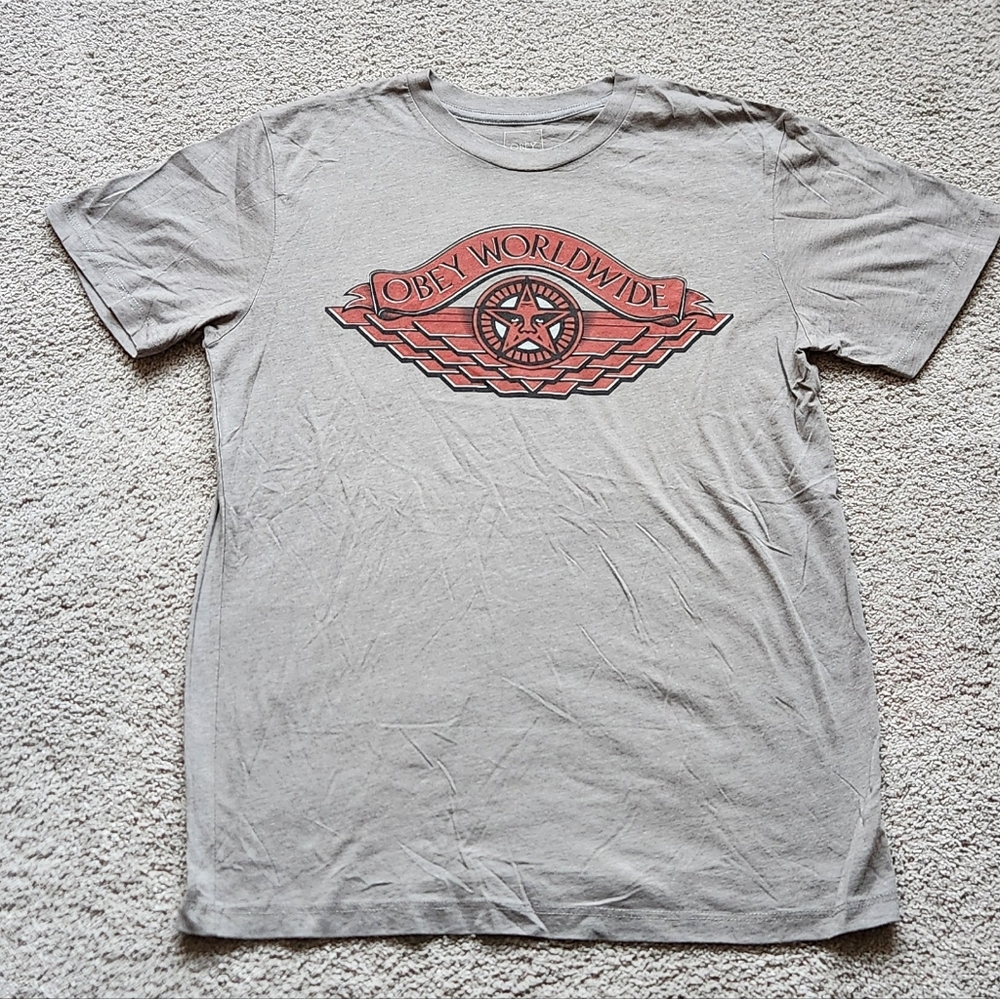 Obey Grey Graphic Crew Neck Short Sleeve Tee Shirt, men's size large Streetwear